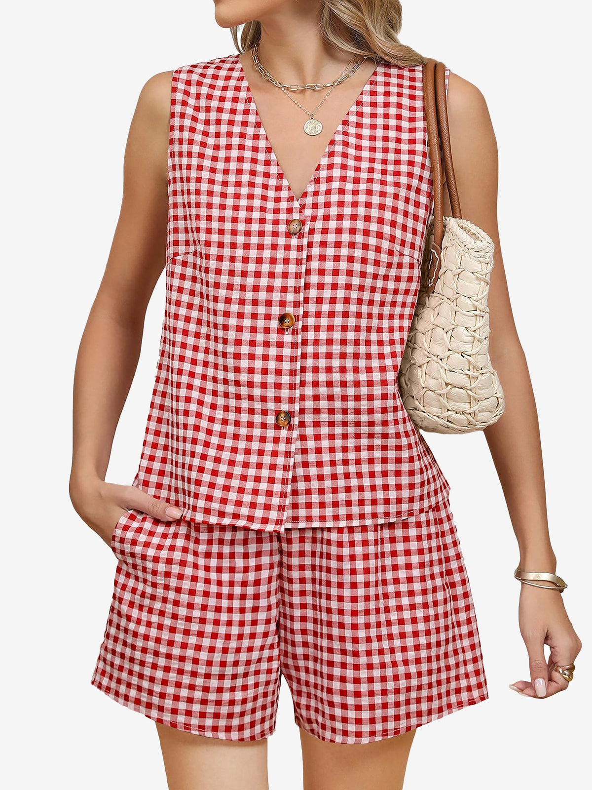 2 Pieces Gingham Sleeveless Button Down Vest & Shorts Set