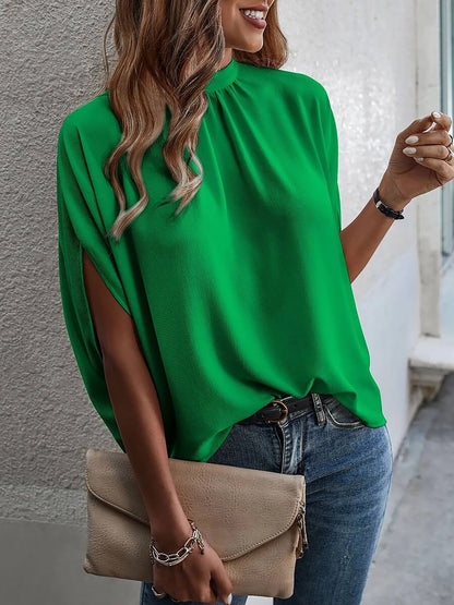 Solid Color Mock Neck 3/4 Sleeves Blouse