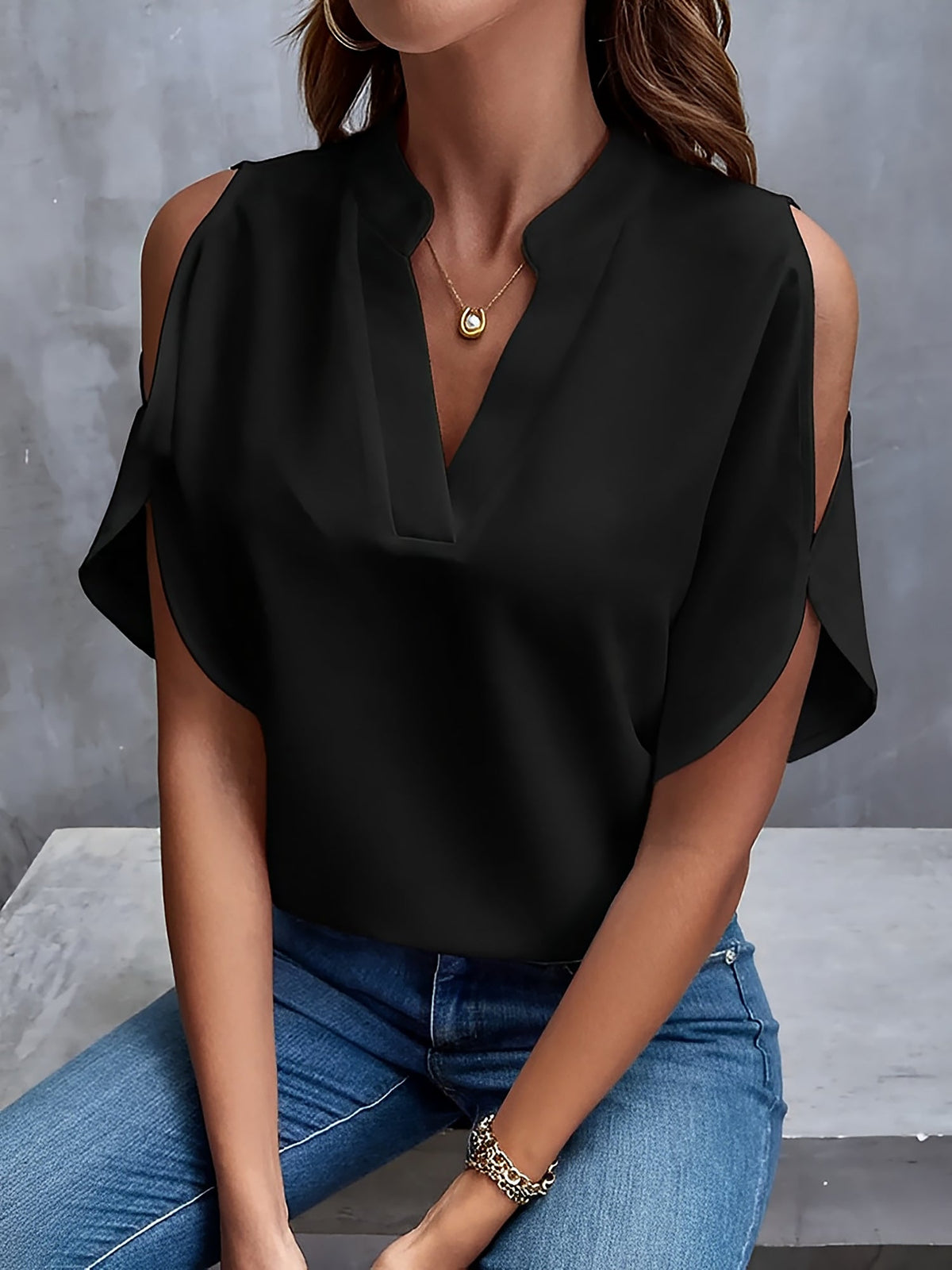 Notch Neck Cold Shoulder Solid Color Blouse