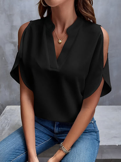 Notch Neck Cold Shoulder Solid Color Blouse