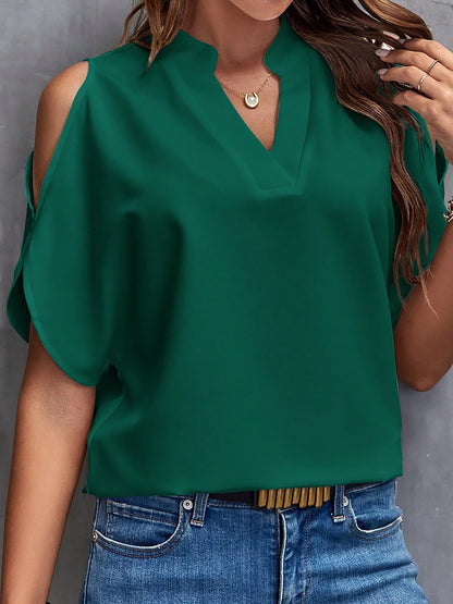 Notch Neck Cold Shoulder Solid Color Blouse