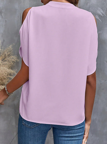 Notch Neck Cold Shoulder Solid Color Blouse