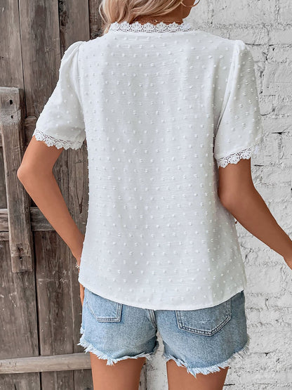 Lace Trimmed Swiss Dots Short Sleeves Blouse