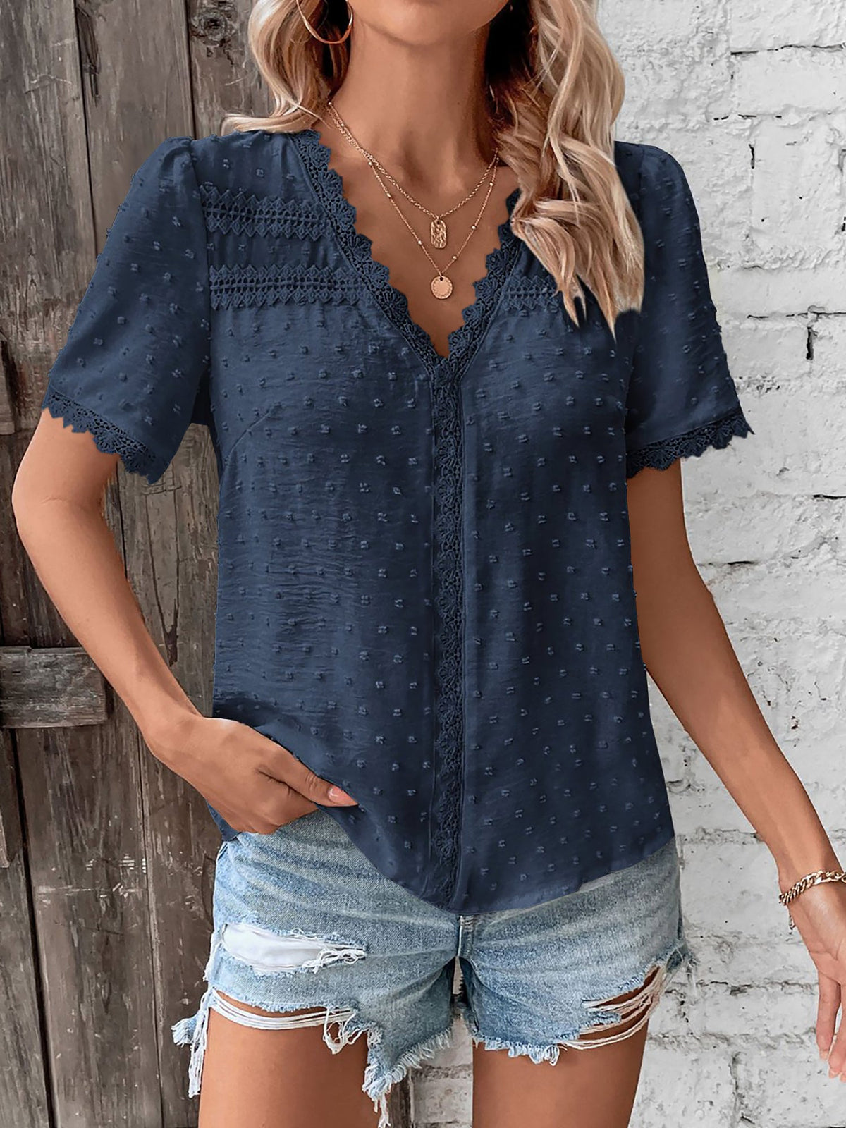 Lace Trimmed Swiss Dots Short Sleeves Blouse
