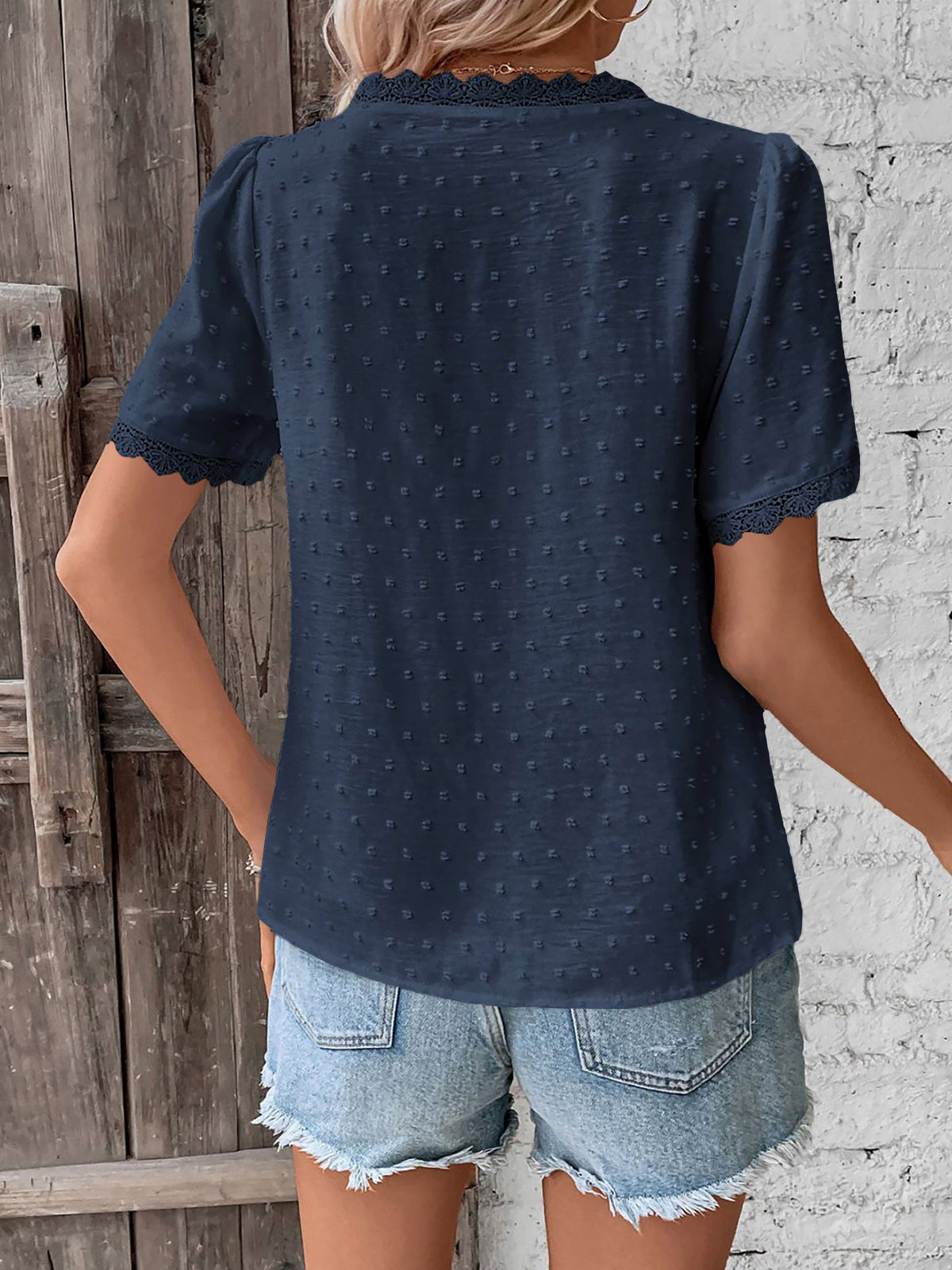 Lace Trimmed Swiss Dots Short Sleeves Blouse