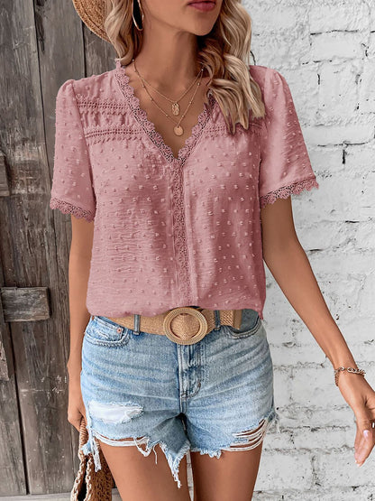 Lace Trimmed Swiss Dots Short Sleeves Blouse
