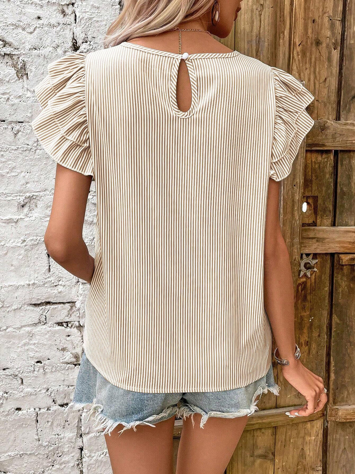 Round Neck Casual Ruffled Sleeve Striped Blouse