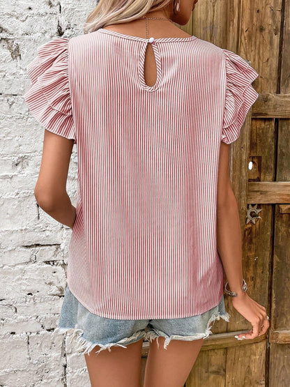 Round Neck Casual Ruffled Sleeve Striped Blouse