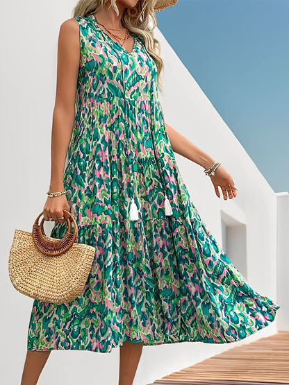 Graphic Sleeveless Tiered A-Line Midi Dress