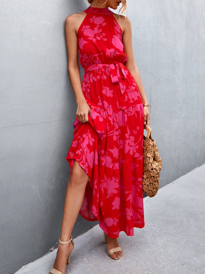 Floral Halter Sleeveless Tiered Maxi Dress