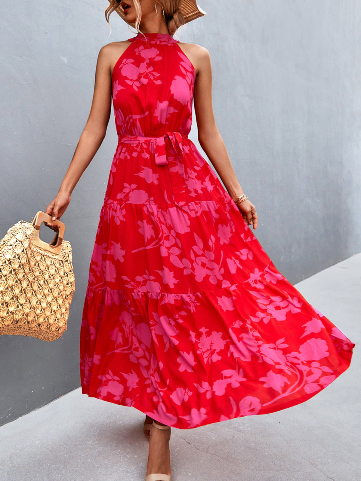 Floral Halter Sleeveless Tiered Maxi Dress