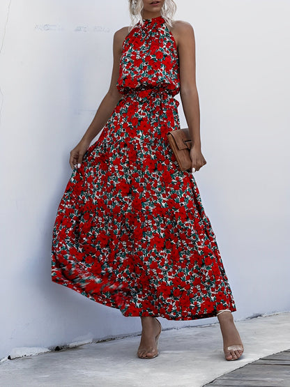 Floral Halter Sleeveless Tiered Maxi Dress