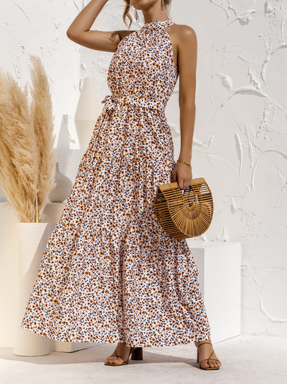 Floral Halter Sleeveless Tiered Maxi Dress