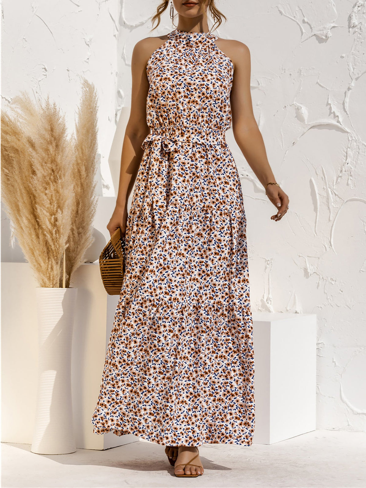 Floral Halter Sleeveless Tiered Maxi Dress