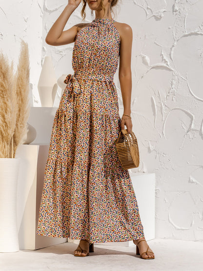 Floral Halter Sleeveless Tiered Maxi Dress
