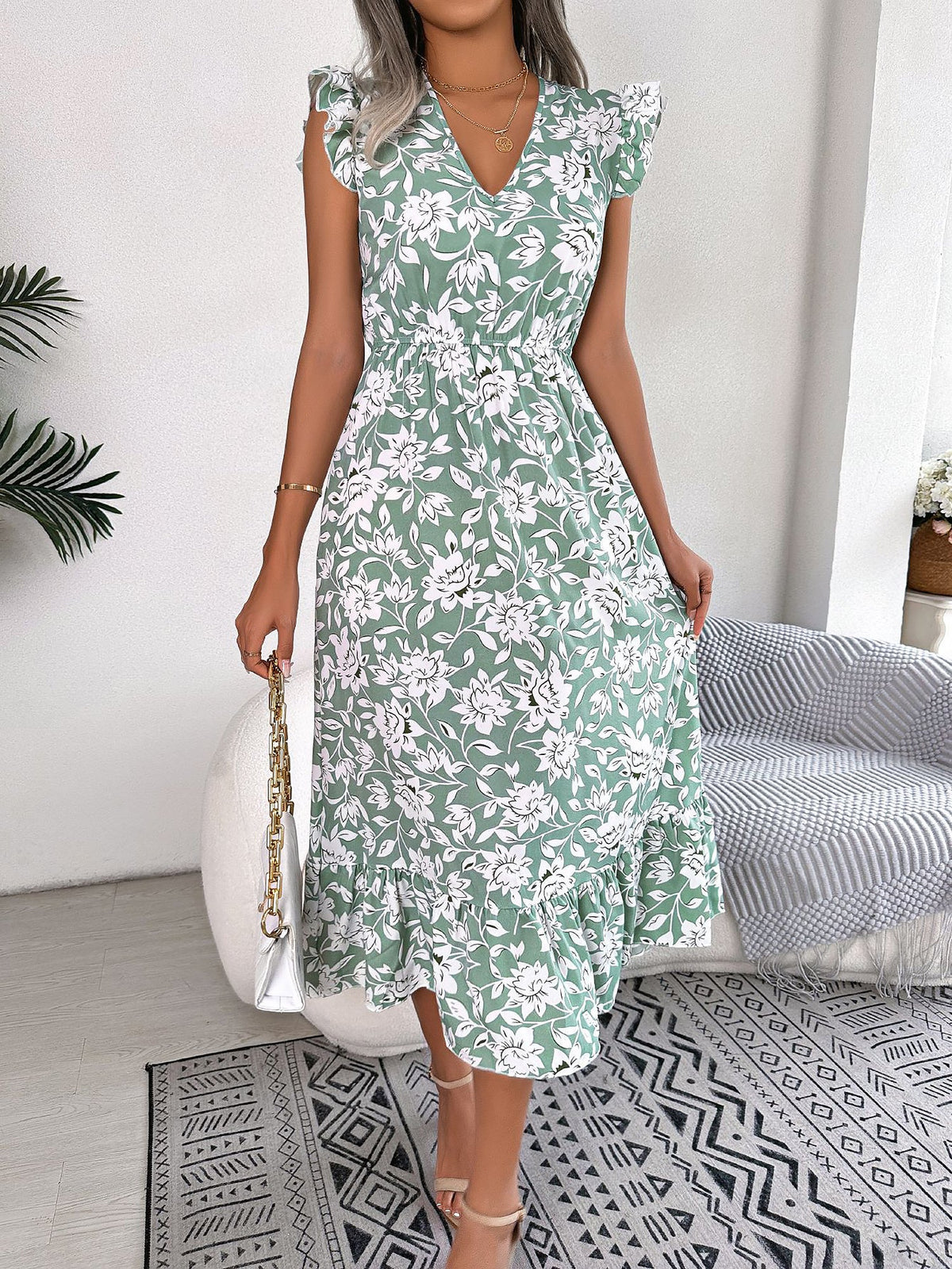 Floral Ruffled Cap Sleeves A-Line Midi Dress