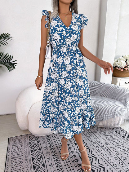 Floral Ruffled Cap Sleeves A-Line Midi Dress