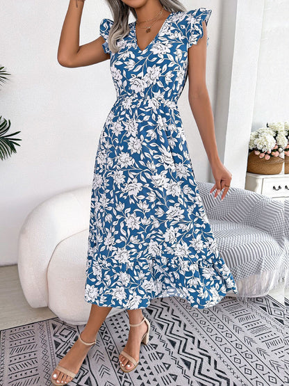 Floral Ruffled Cap Sleeves A-Line Midi Dress