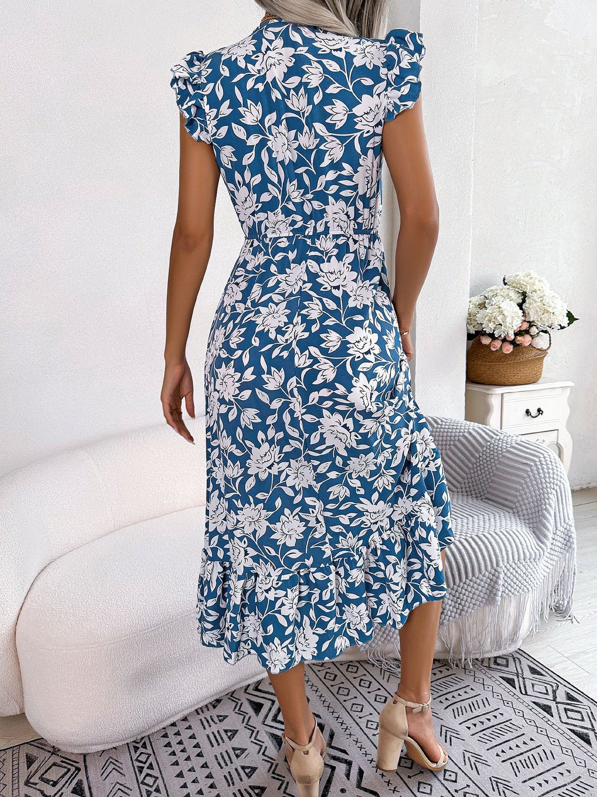 Floral Ruffled Cap Sleeves A-Line Midi Dress