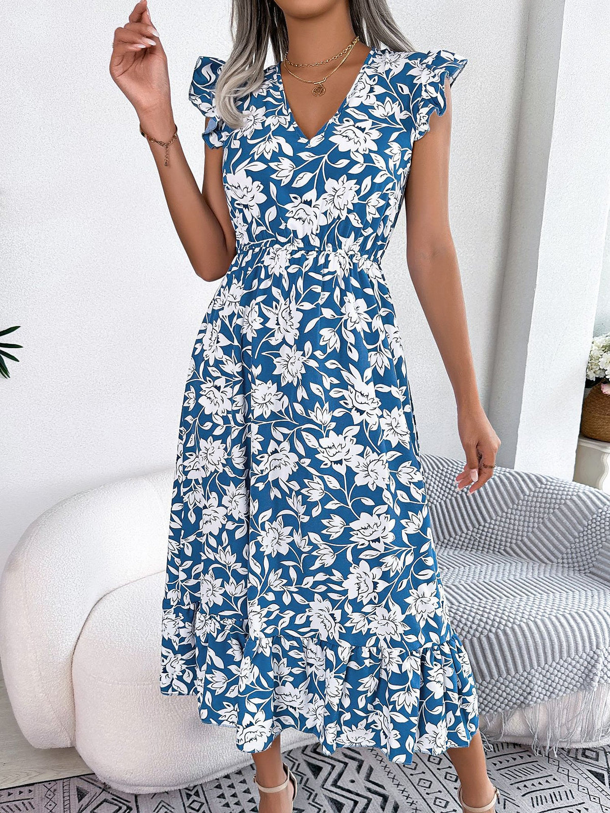 Floral Ruffled Cap Sleeves A-Line Midi Dress