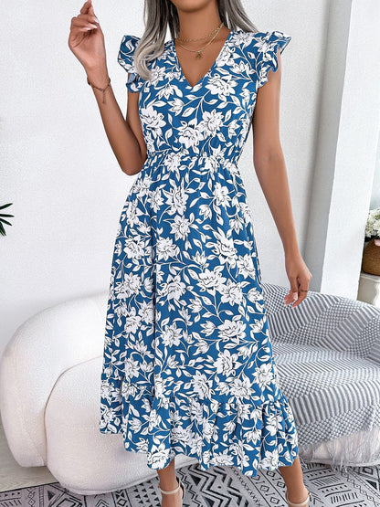 Floral Ruffled Cap Sleeves A-Line Midi Dress