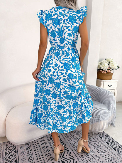 Floral Ruffled Cap Sleeves A-Line Midi Dress
