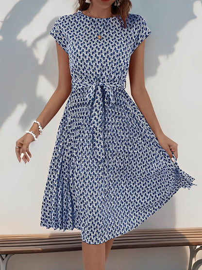 Graphic Print Cap Sleeves Pleated Midi Dress