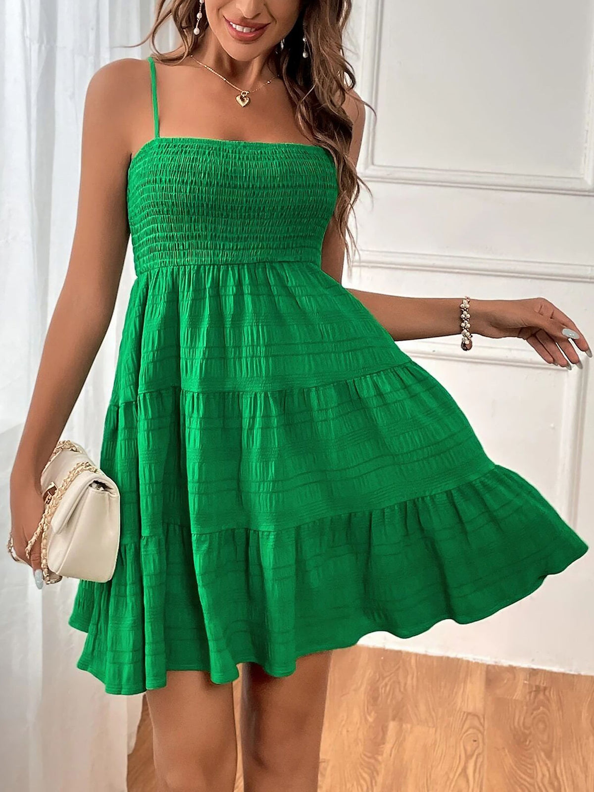 Spaghetti Strap Smocked Tiered Textured Dress
