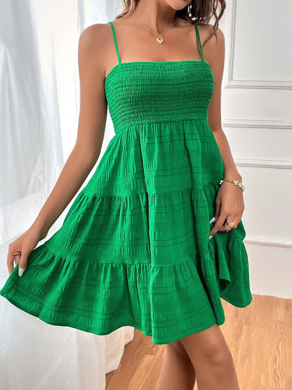 Spaghetti Strap Smocked Tiered Textured Dress