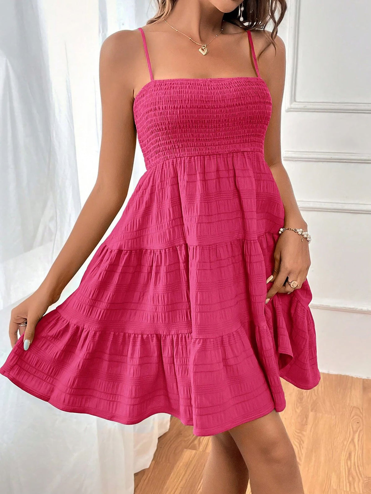 Spaghetti Strap Smocked Tiered Textured Dress