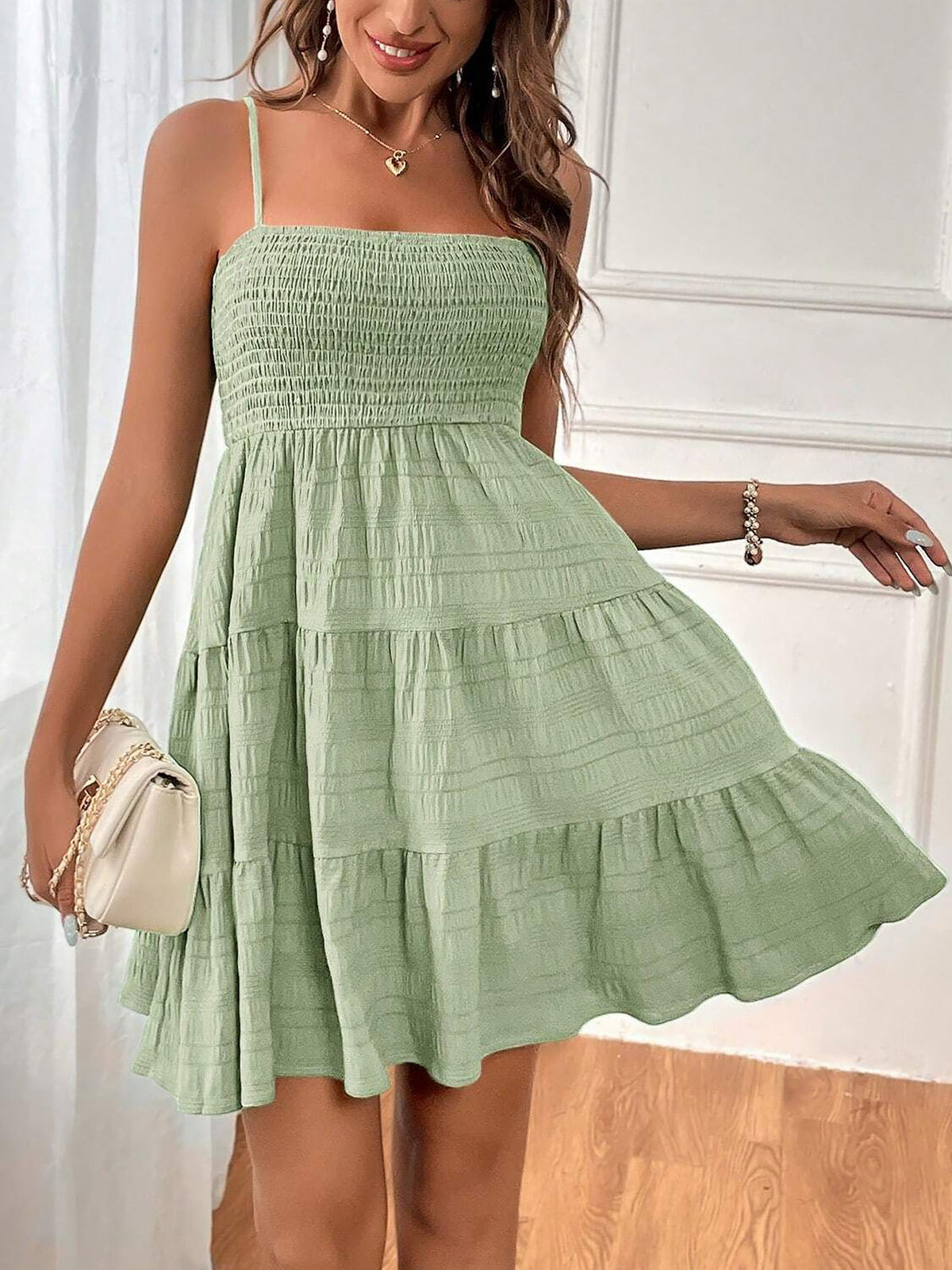 Spaghetti Strap Smocked Tiered Textured Dress