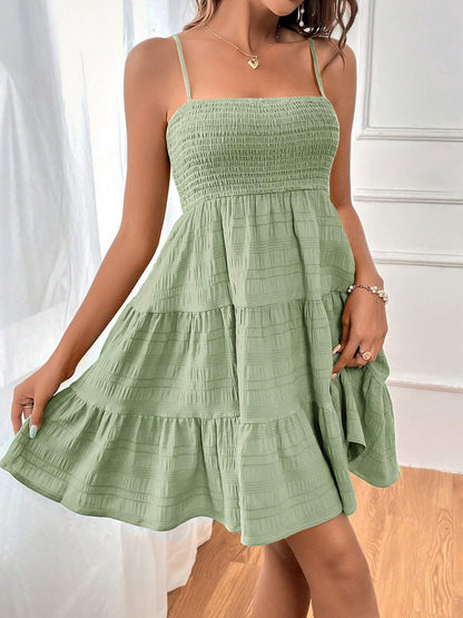 Spaghetti Strap Smocked Tiered Textured Dress