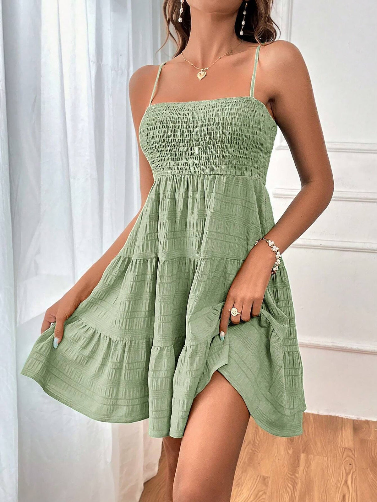 Spaghetti Strap Smocked Tiered Textured Dress