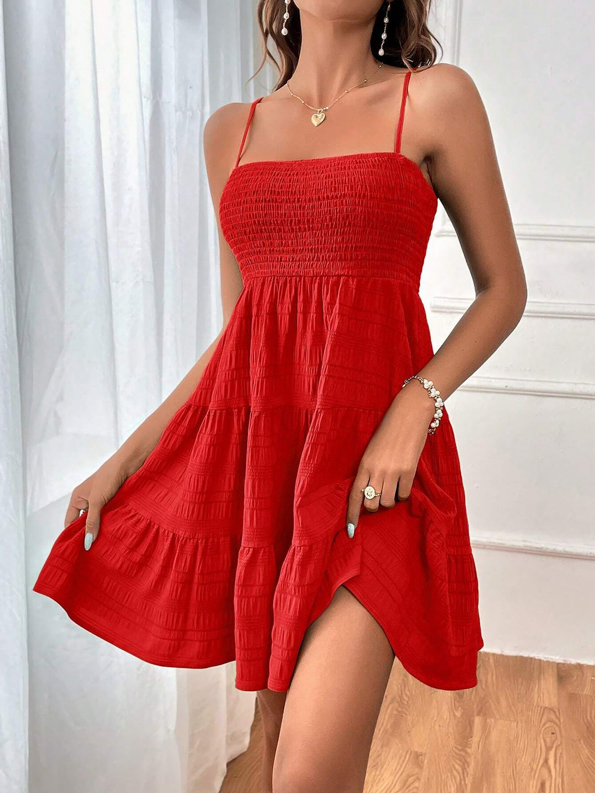 Spaghetti Strap Smocked Tiered Textured Dress