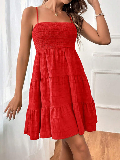 Spaghetti Strap Smocked Tiered Textured Dress