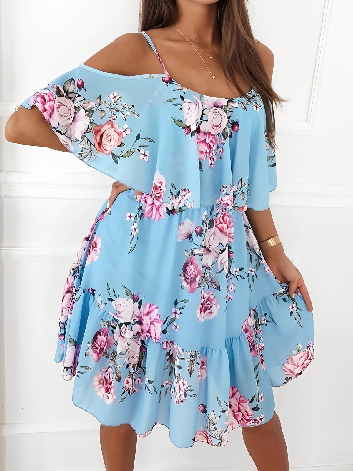 Romantic Floral Cold Shoulder Dress - Ruffle Trim Chiffon Mini