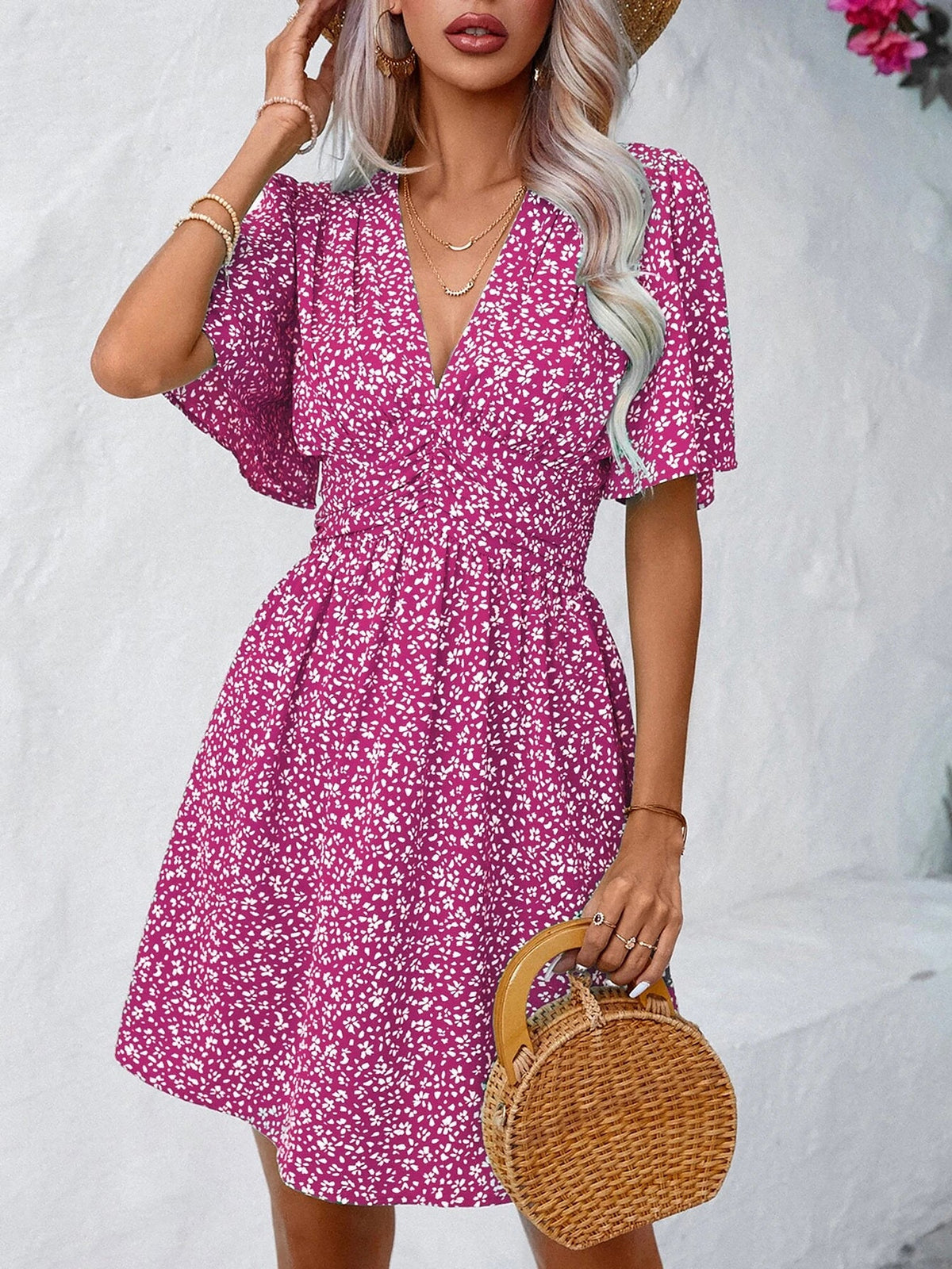 V Neck Short Sleeve Floral Ruched Dress