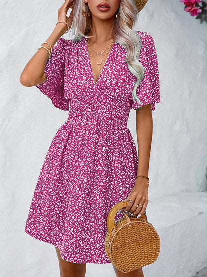 V Neck Short Sleeve Floral Ruched Dress
