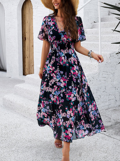 Floral Short Sleeves Smocked Chiffon Dress