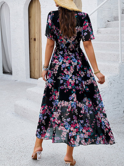 Floral Short Sleeves Smocked Chiffon Dress