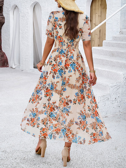 Floral Short Sleeves Smocked Chiffon Dress