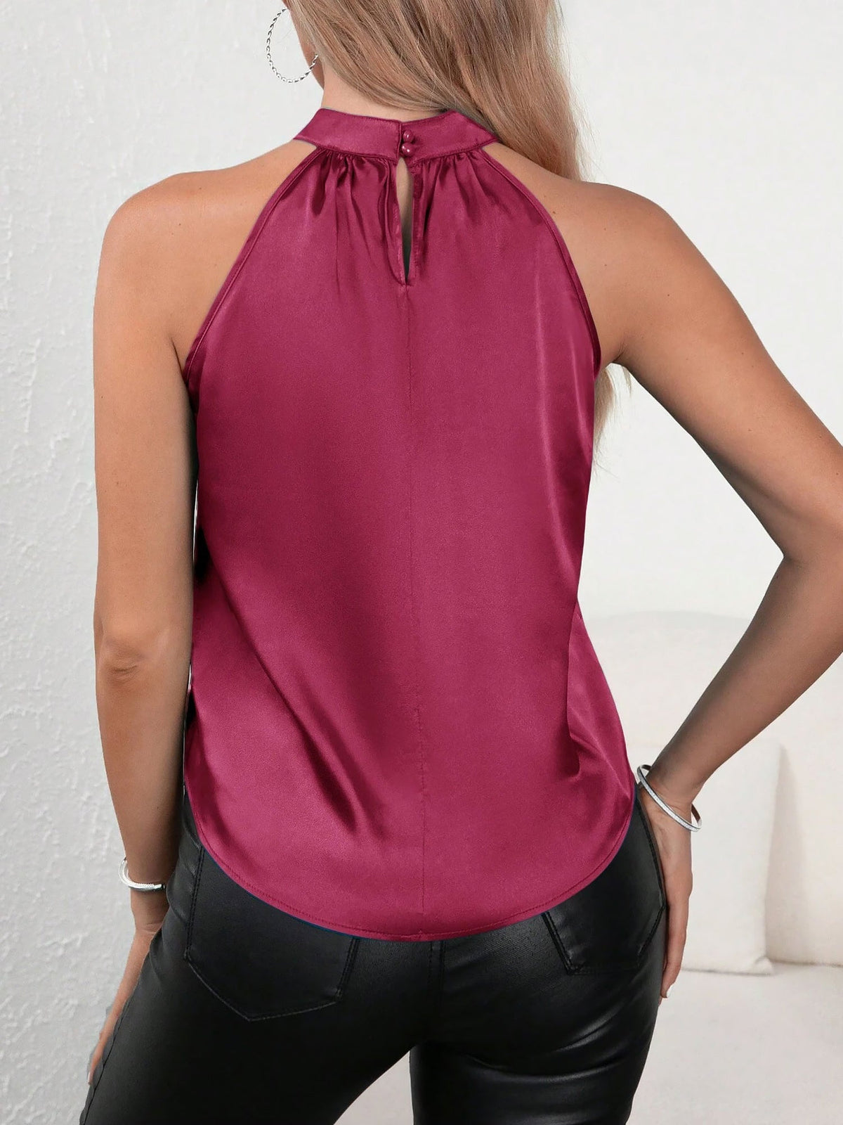 Satin Halter Neck Sleeveless Solid Color Tops