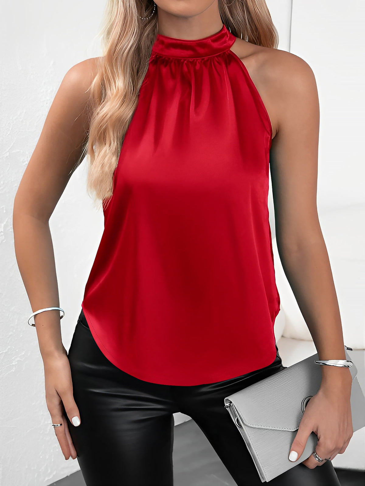 Satin Halter Neck Sleeveless Solid Color Tops