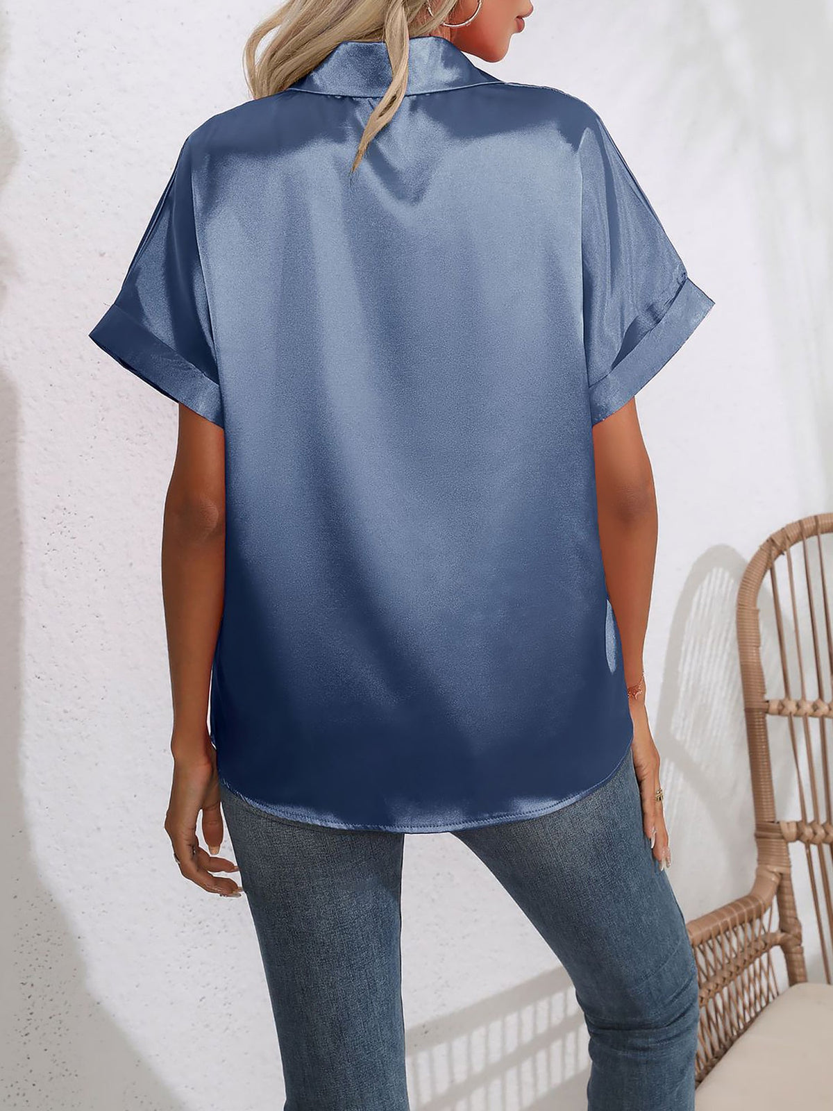 Satin Short Rolled Sleeve Solid Color Shirt