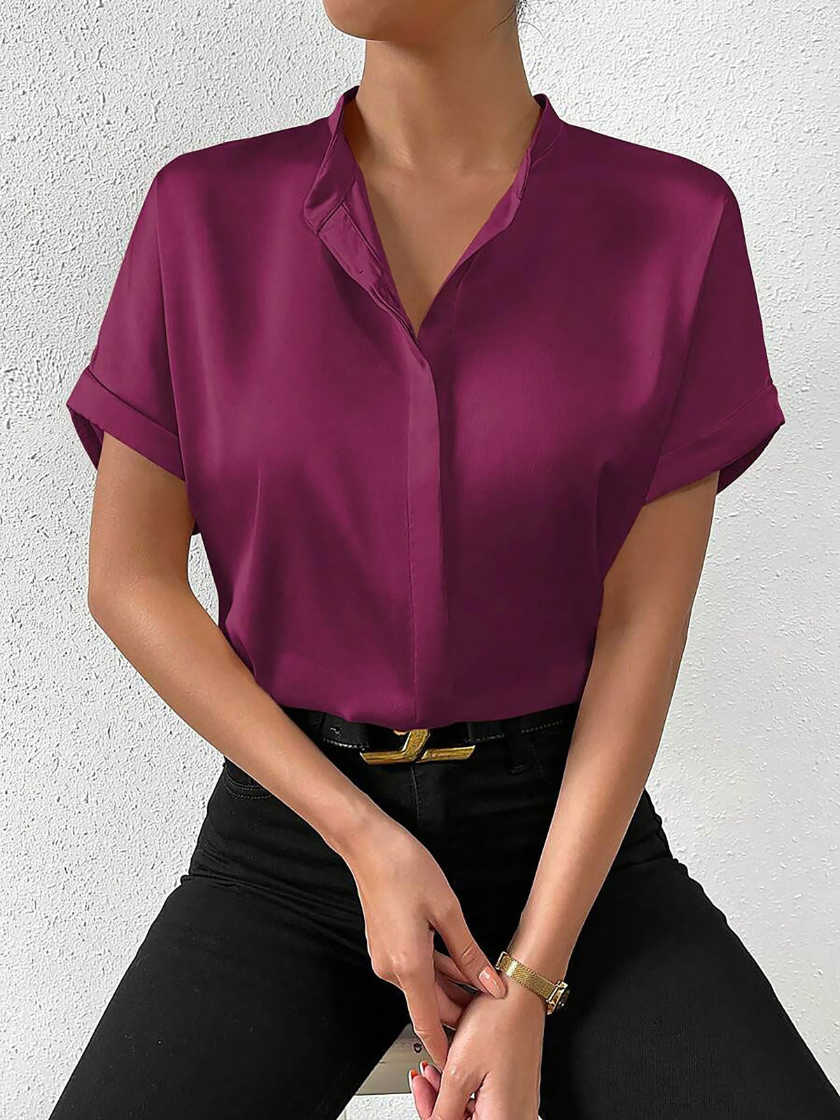 Solid Color Satin Short Sleeves Work Blouse