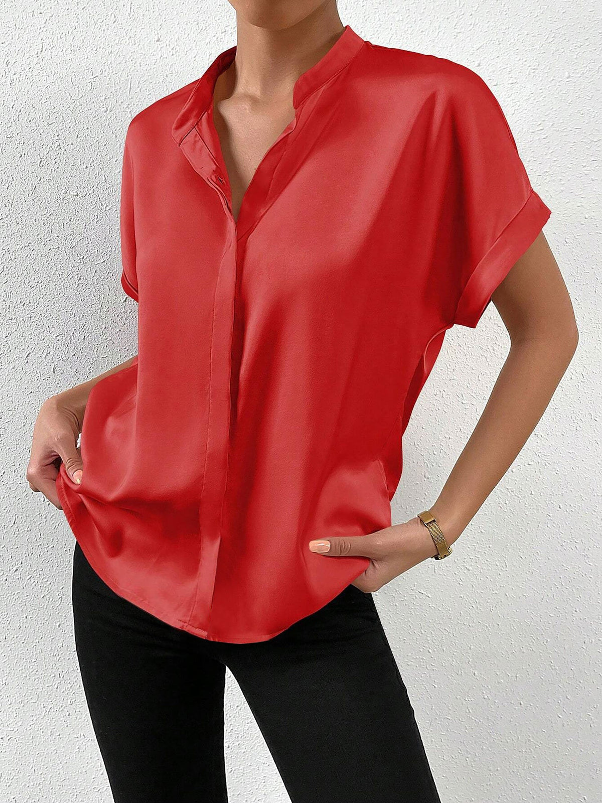 Solid Color Satin Short Sleeves Work Blouse