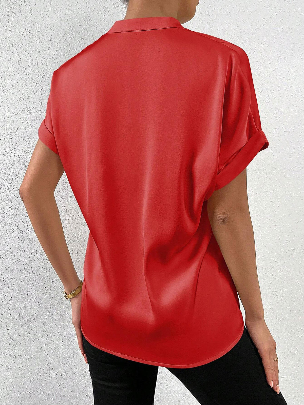 Solid Color Satin Short Sleeves Work Blouse