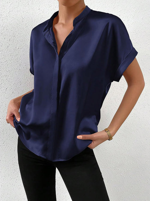 Solid Color Satin Short Sleeves Work Blouse