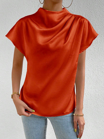 Ruched Mock Neck Satin Short Sleeves Blouse