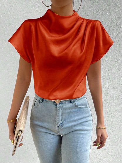 Ruched Mock Neck Satin Short Sleeves Blouse